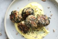Spinach Sunflower Seed Balls with Manchego & Turmeric Honey Yogurt