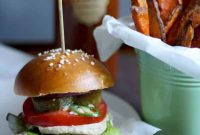 Vegan Falafel Burger with Creamy Tahini Sauce and Sweet Potato Fries
