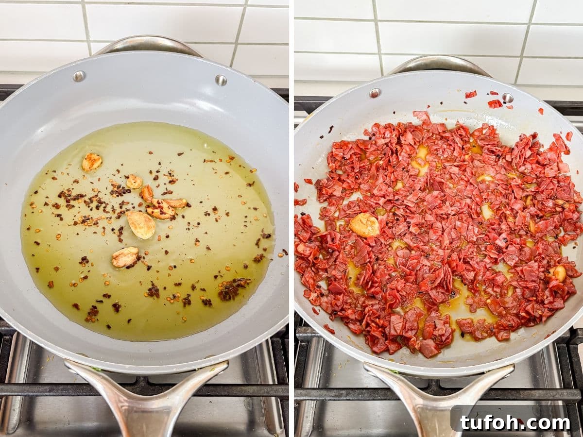 A pan with garlic, oil and crushed red pepper flakes and then chopped capicola ham added to the pan.