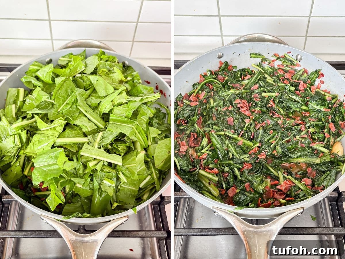 Dandelion greens added to the pan and then cooked down.