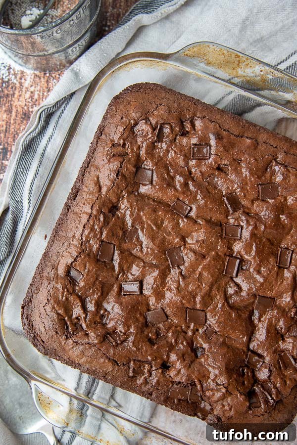 Ultra-Fudgy Almond Flour Chocolate Brownies 7 overhead shot of a pan of unsliced brownies