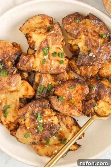 Fried smashed potatoes on a round serving plate with a gold fork.