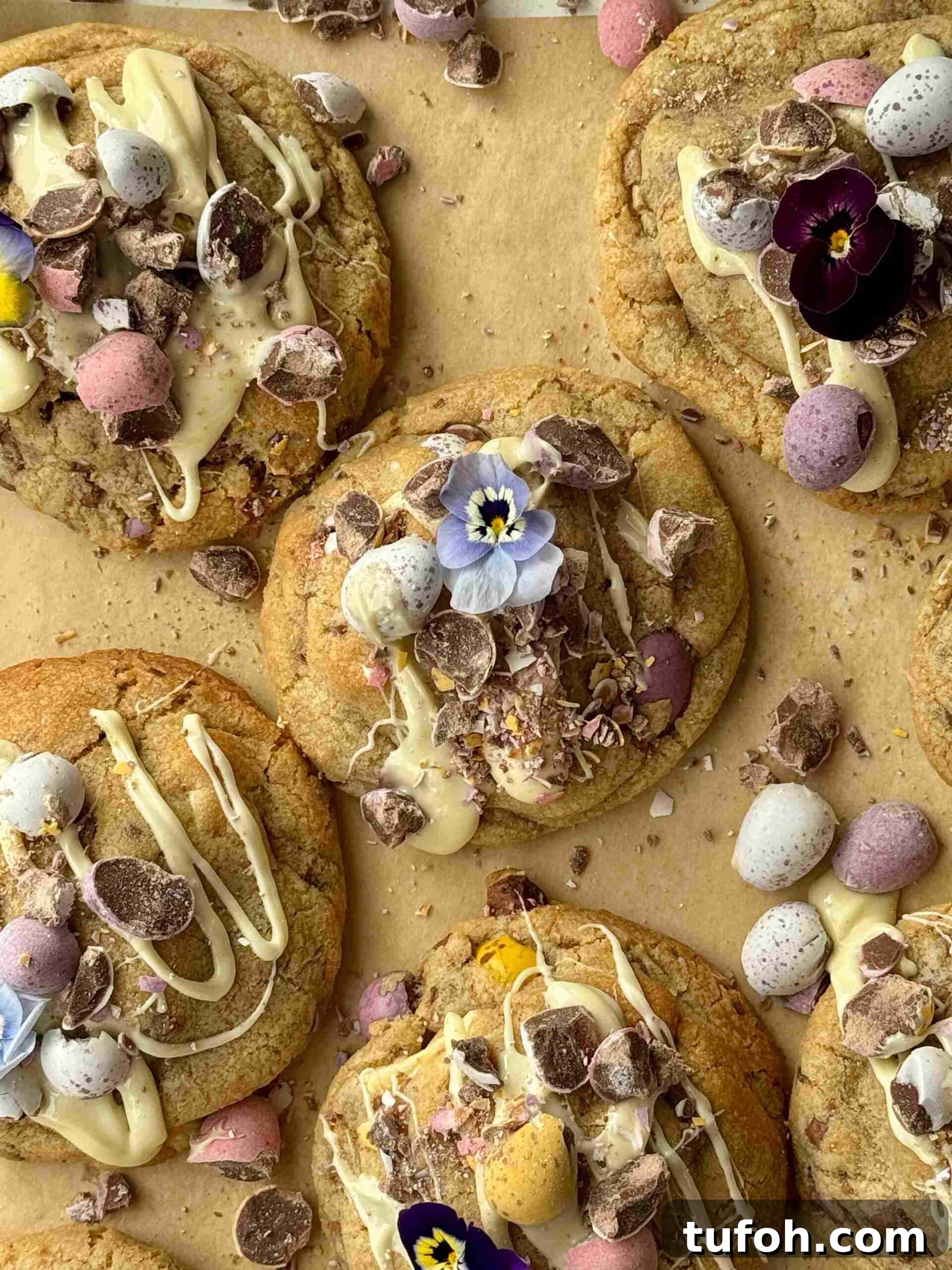 mini egg cookies drizzled with white chocolate with edible flowers.
