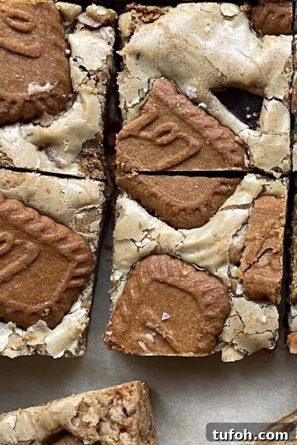 biscoff blondies sliced on parchment paper.