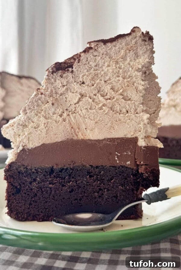 slice of chocolate mud cake with malted whipped cream stood on a green plate.