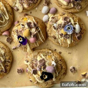 mini egg cookies drizzled with white chocolate with edible flowers.