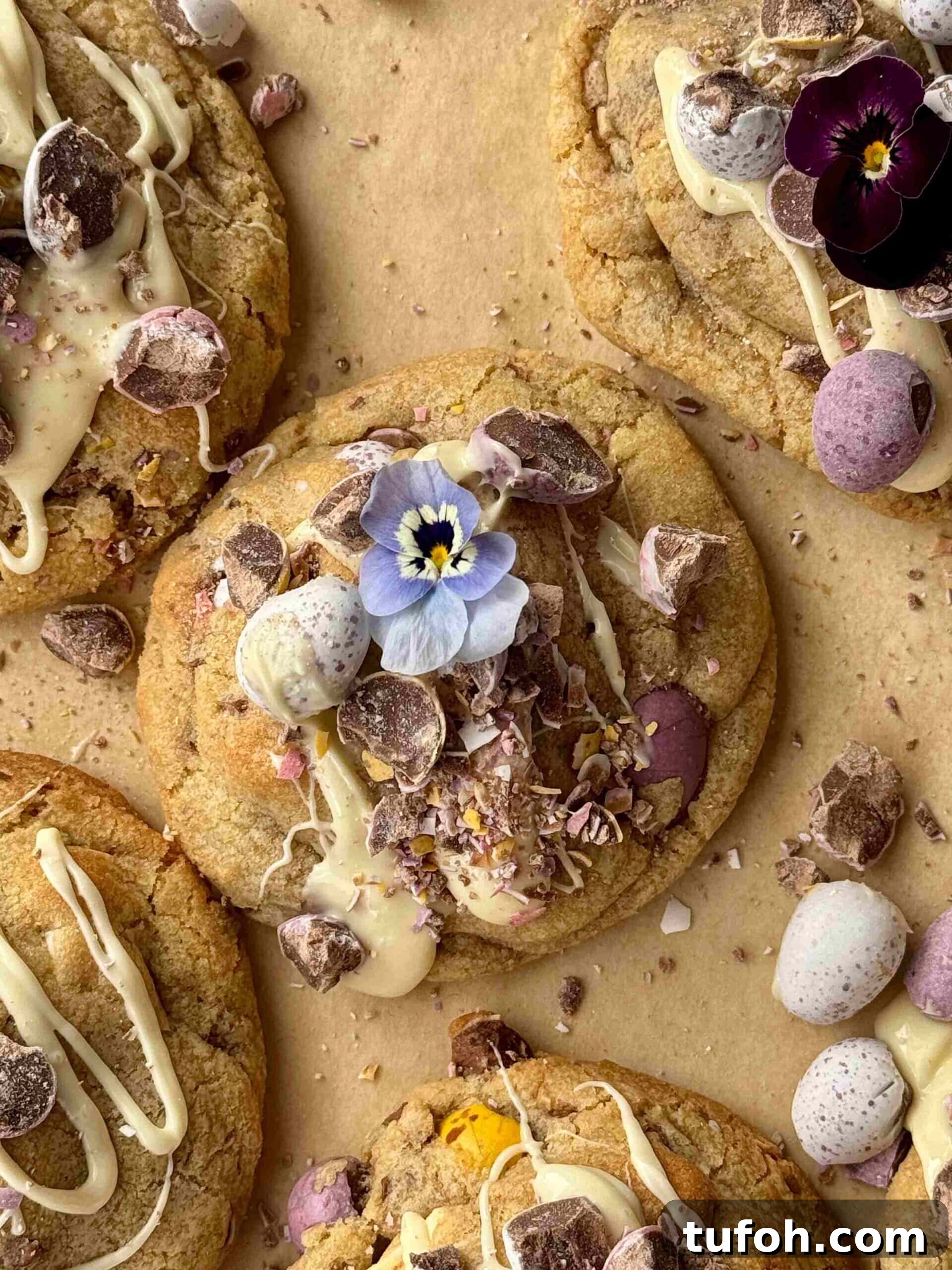 mini egg cookies drizzled with white chocolate with edible flowers.