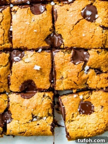 A batch of chocolate chip cookie bars cut into pieces and topped with course sea salt.
