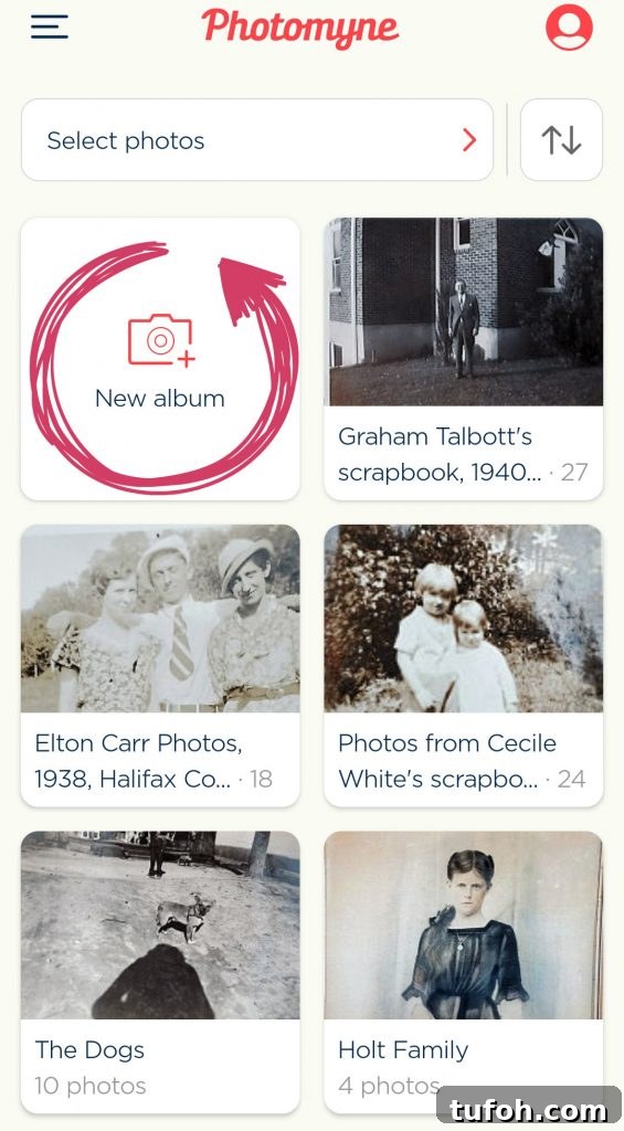 Preserve Family Photos and Protect Your Family History 6 Photomyne app with red arrow around "new album"