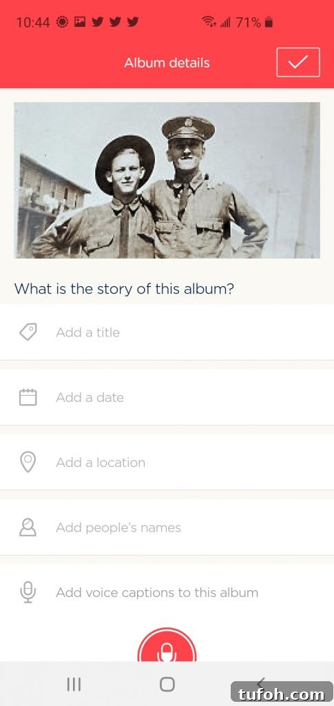 Preserve Family Photos and Protect Your Family History 9 Story Album page of photomyne-app with space to add title, date, location and names