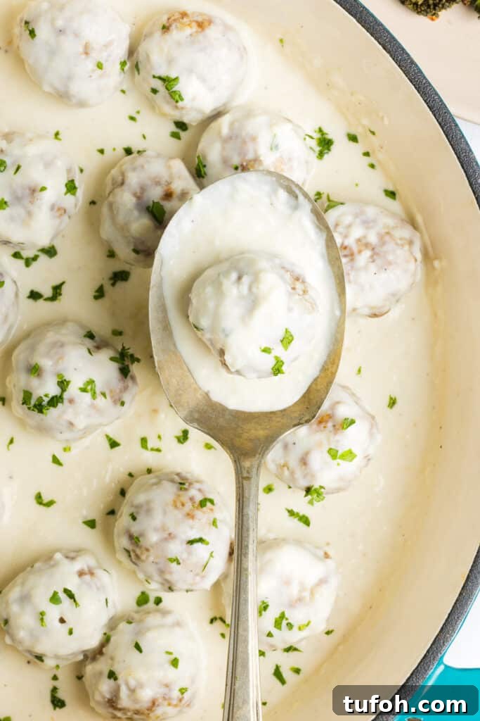Greek Yogurt Alfredo Meatballs with Creamy Parmesan Sauce 6 Chicken meatballs in alfredo sauce in a pan garnished with finely chopped parsley.