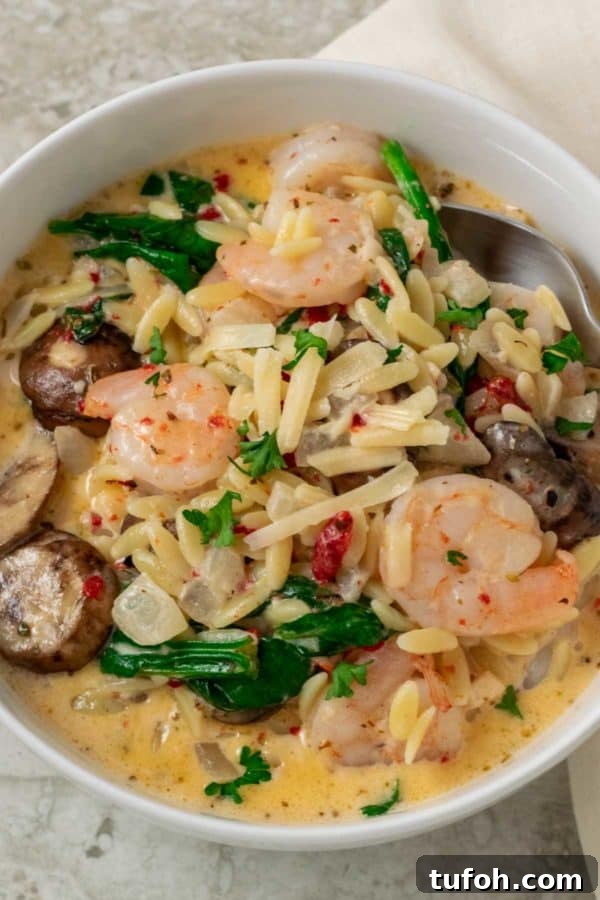 Tuscan Garlic Shrimp with Creamy Orzo 2 a bowl with a spoon scooing out some shrimp, orzo pasta, mushrooms, spinach, and roasted red peppers in a yellow creamy sauce
