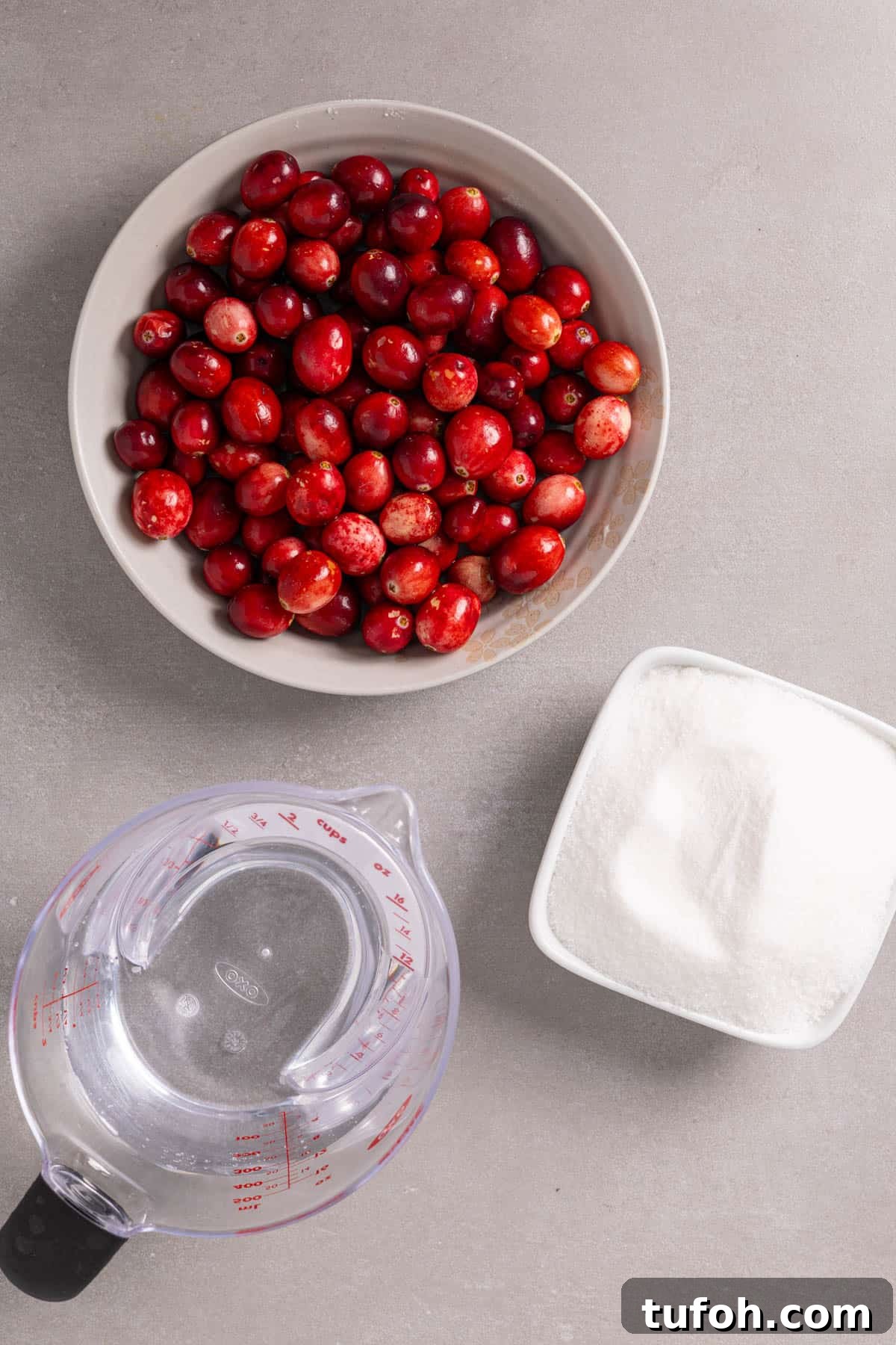 Fresh cranberries, water, and granulated sugar on a gray table for a cranberry simple syrup.