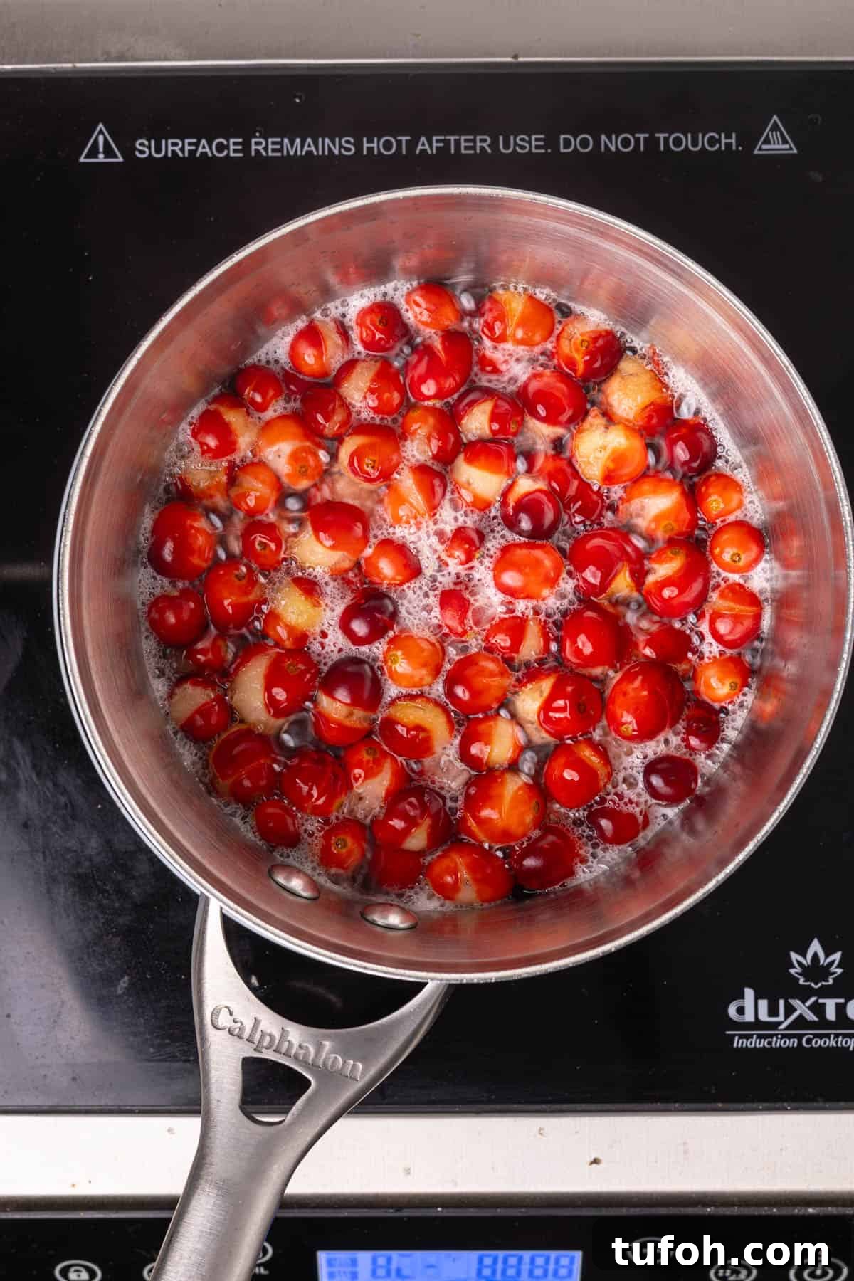 Fresh cranberries in a small saucepan with broiling water.