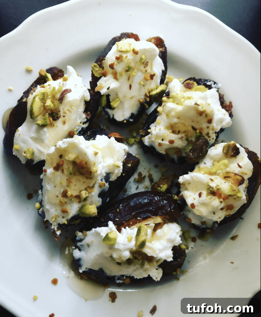 Dates topped with labneh, pistachios and honey