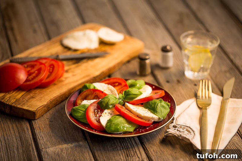 Caprese Salad Recipe: Fresh Mozzarella, Tomato & Basil 2 Traditional Caprese salad with tomatoes, mozzarella di bufala, basil and extra virgin olive oil