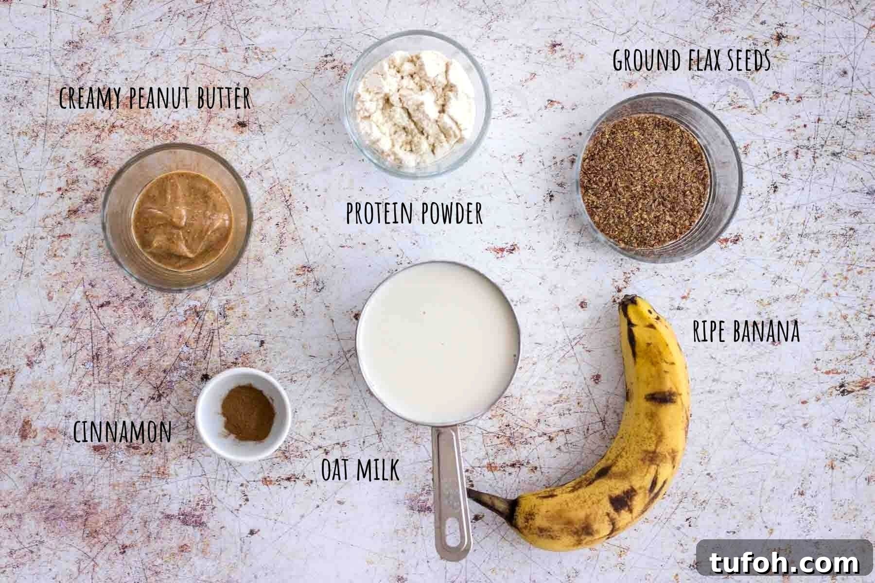 Peanut Butter Protein Shake ingredients placed on a table