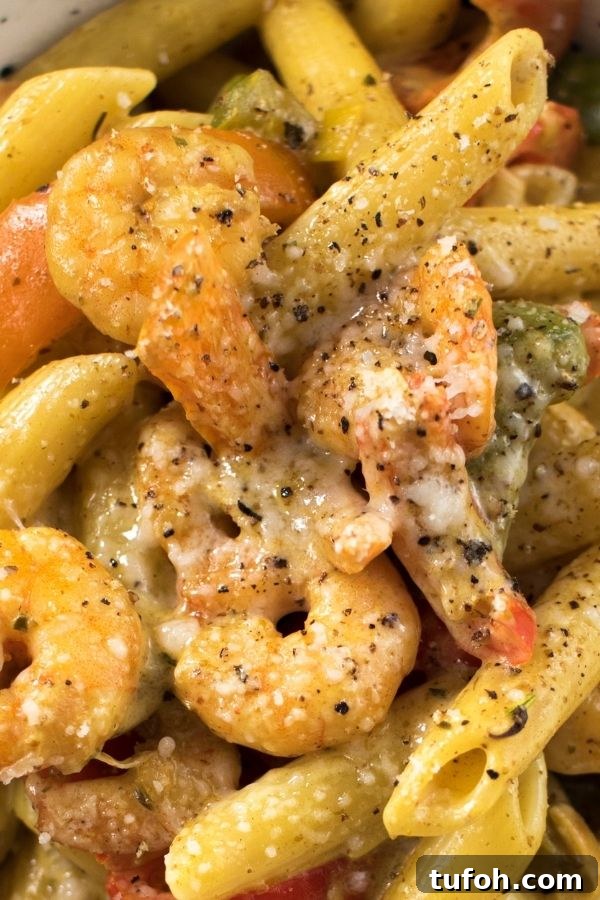 Spicy Jerk Shrimp Rasta Pasta Recipe | Caribbean-Inspired Shrimp Pasta 5 a close up of Shrimp Pasta Pasta, a creamy shrimp and pepper dish