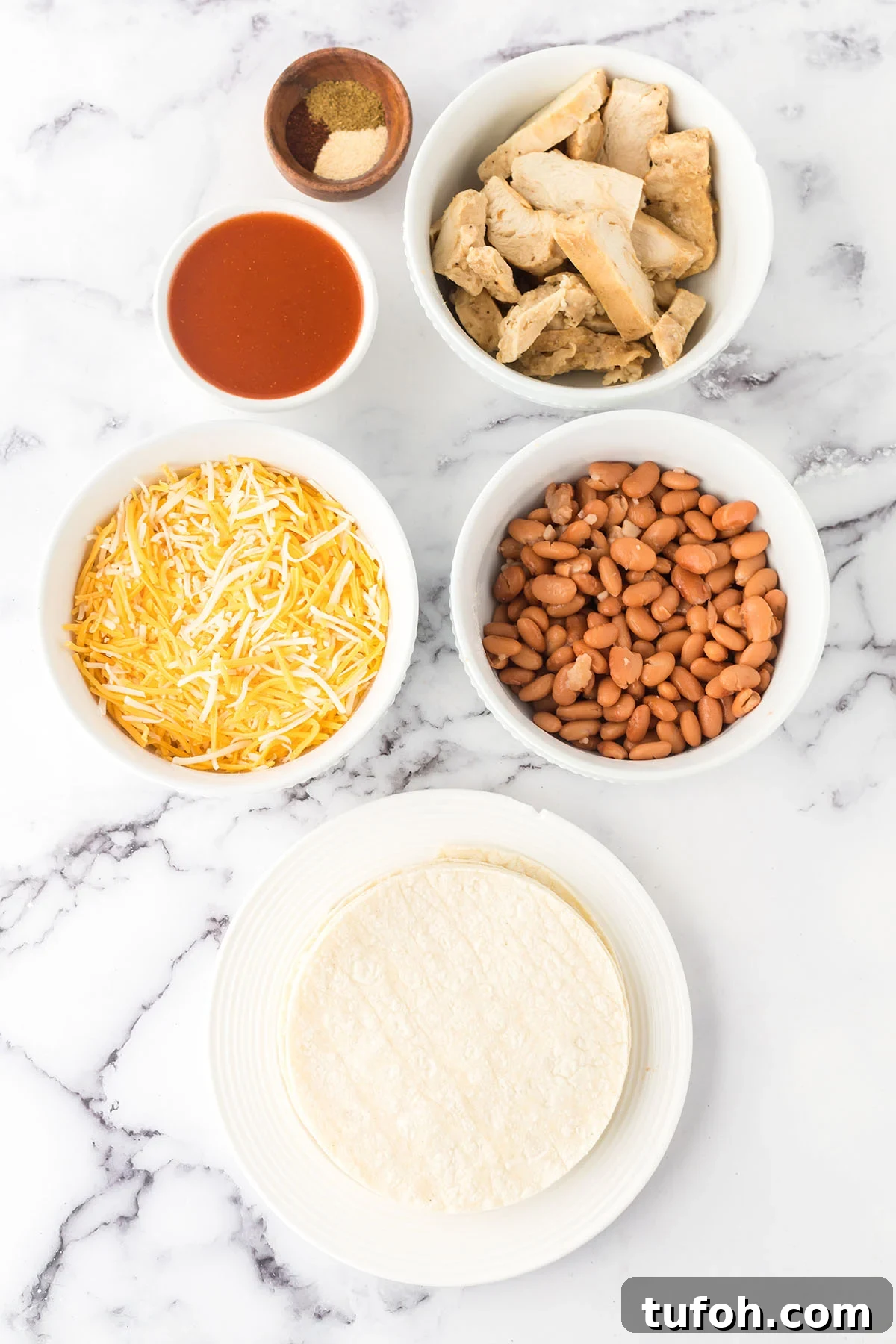 Layered Chicken Enchilada Casserole Recipe — Cheesy Mexican Bake 3 Ingredients to make Casserole set out on counter.