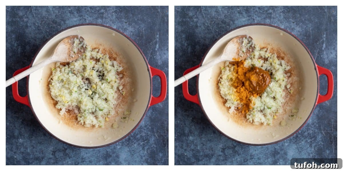 Leftover Turkey Curry: Flavorful Recipe for Quick Weeknight Dinner 4 The base of the turkey curry in a frying pan.