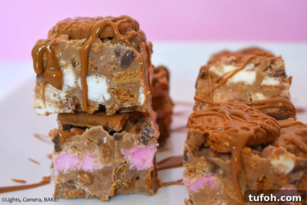 Biscoff Rocky Road Recipe: No-Bake Biscoff Chocolate Squares 15 Pieces of cookie butter slice with a pink background.