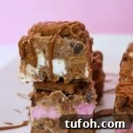 Biscoff Rocky Road Recipe: No-Bake Biscoff Chocolate Squares 16 Slice of Biscoff rocky road with a pink background.