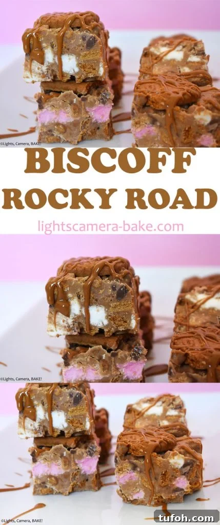 Biscoff Rocky Road Recipe: No-Bake Biscoff Chocolate Squares 17 Long pinterest image with three images and a title.