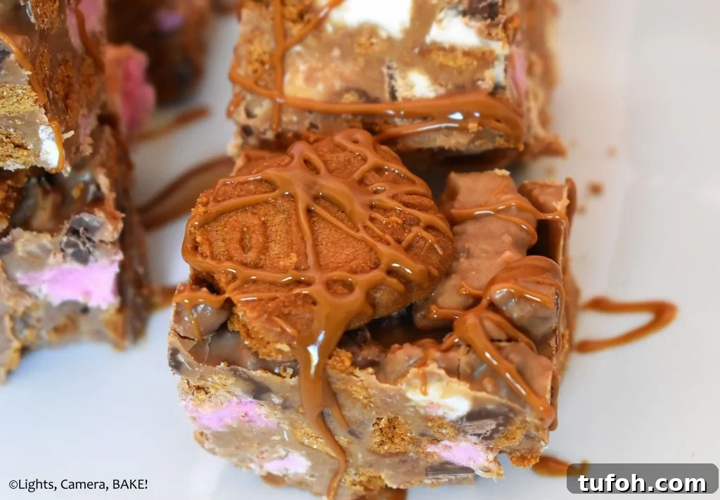 Biscoff Rocky Road Recipe: No-Bake Biscoff Chocolate Squares 6 Biscoff bicuit topped slice on a white plate.
