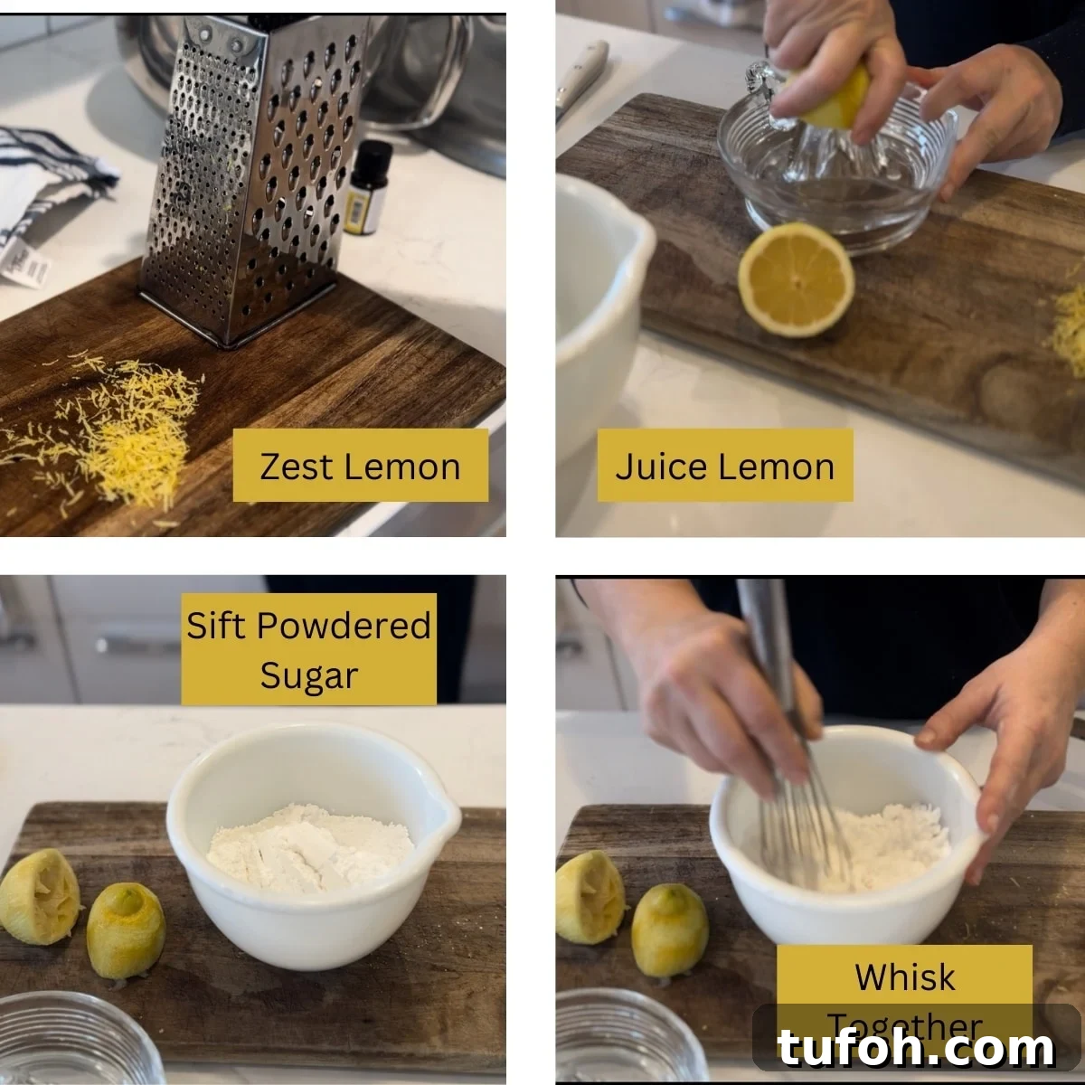 Lemon Glaze with 2 Ingredients That Won’t Soak In 4 making lemon glaze: zesting lemon, juicing lemon, sifted powdered sugar and whisking together