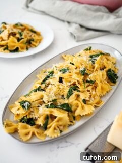 Creamy Cajun Spinach Pasta for Two: Quick Weeknight Recipe 7 A platter of bowtie pasta with wilted spinach and an orangey-red Cajun sauce.