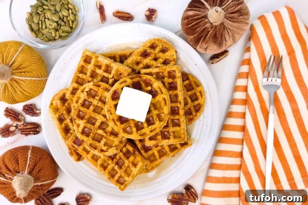 3-Ingredient Air Fryer Pumpkin Waffles for Fall Breakfast 9 overhead view of stacked up pumpkin waffles on a plate with a pad of butter