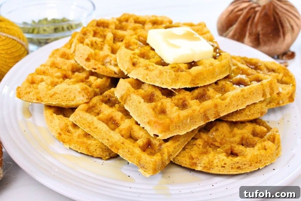 3-Ingredient Air Fryer Pumpkin Waffles for Fall Breakfast 10 closeup view of stacked 3 ingredient pumpkin pancakes made in the air fryer with syrup and butter