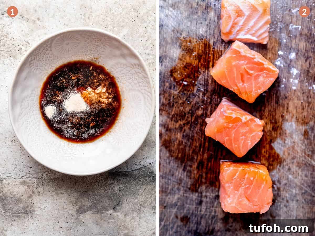 30-Minute Teriyaki Salmon Stir-Fry with Veggies 4 Salmon stir fry marinade in a bowl.