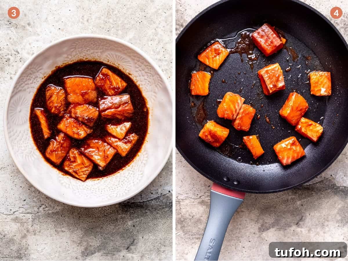 30-Minute Teriyaki Salmon Stir-Fry with Veggies 5 Stir-frying the marinated salmon.