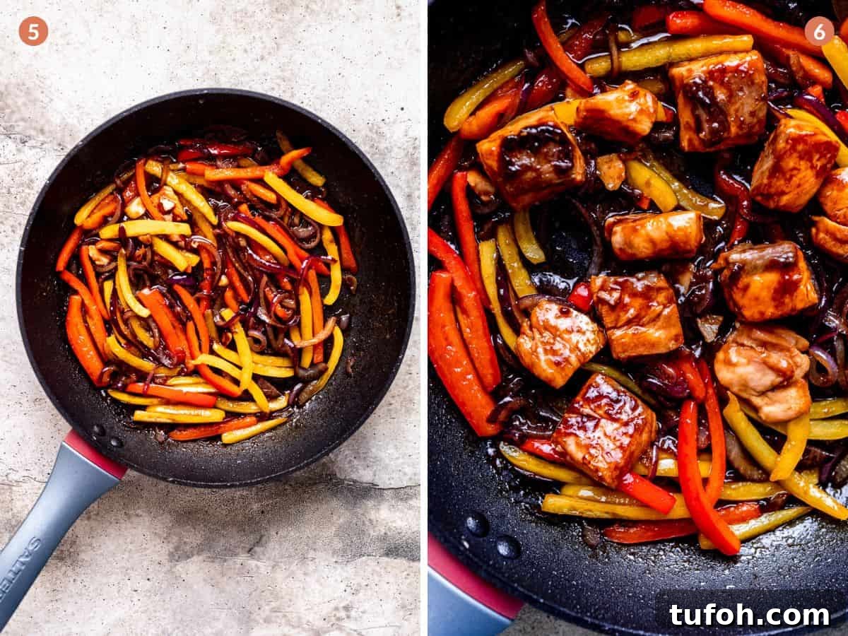 30-Minute Teriyaki Salmon Stir-Fry with Veggies 6 Cooking the peppers in the homemade teriyaki sauce.