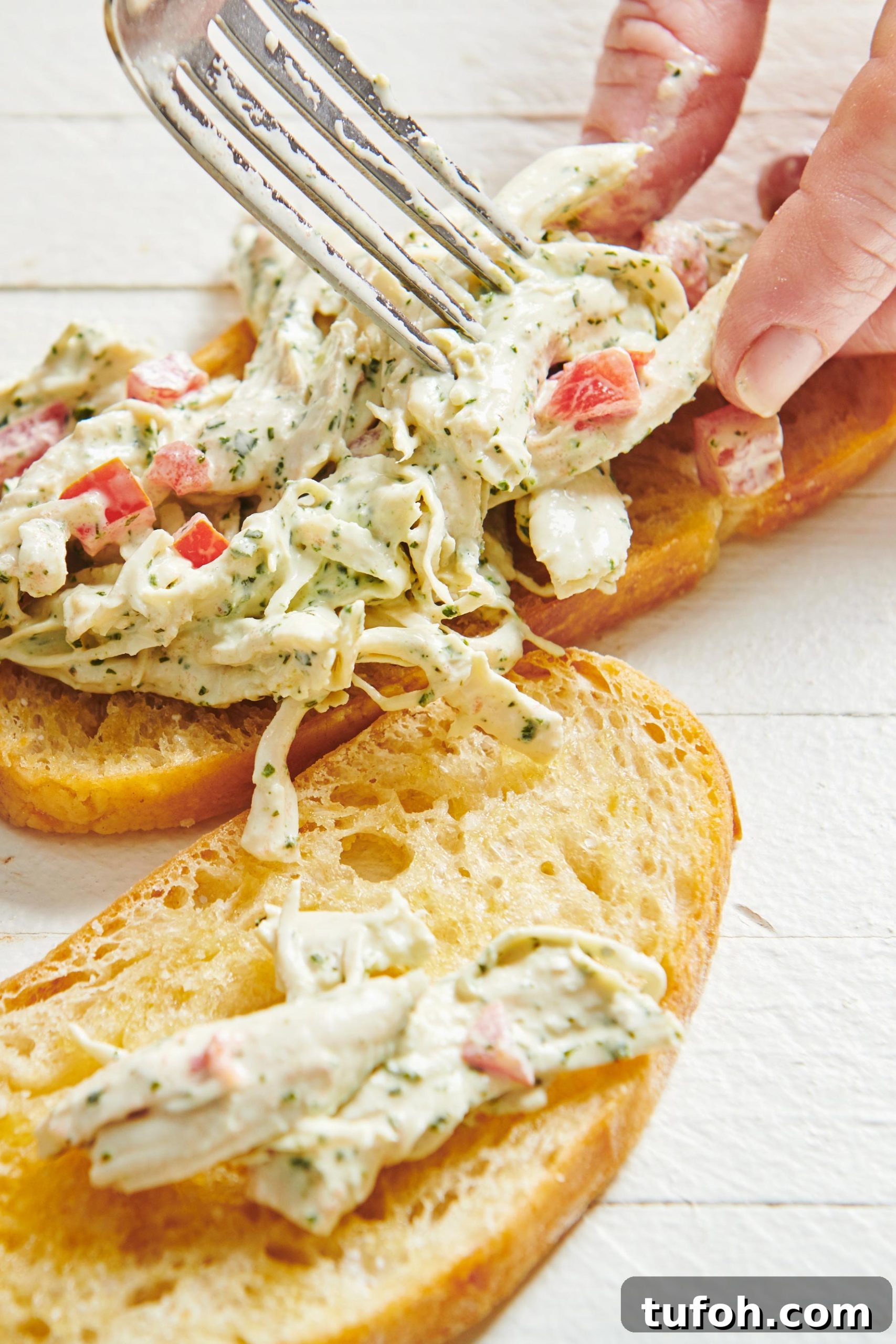 30 Creative Recipes for Leftover Shredded Chicken 2 Spreading Herbed Chicken Salad onto toasted bruschetta with fork.