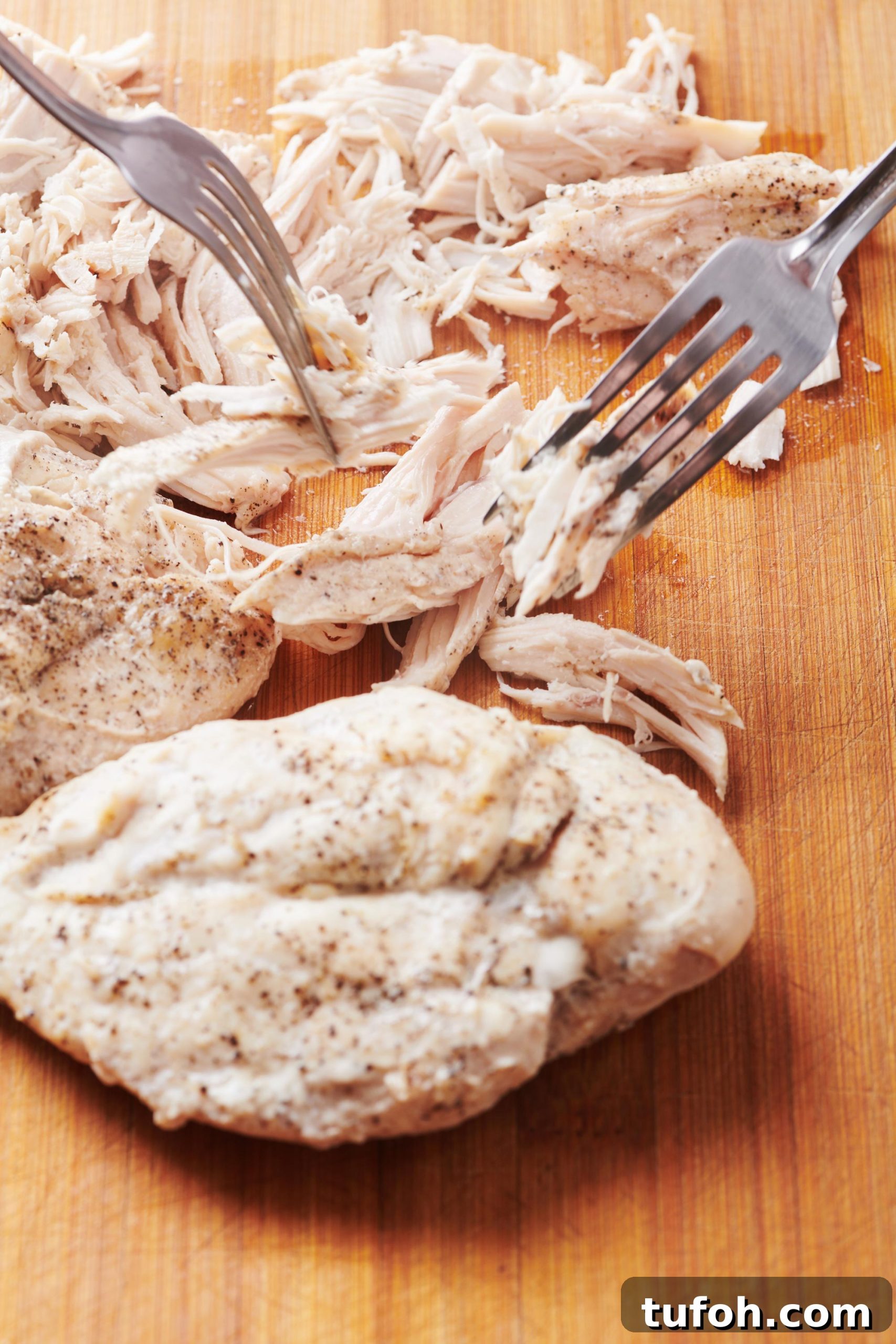 30 Creative Recipes for Leftover Shredded Chicken 4 Two forks shredding chicken on a wooden surface.