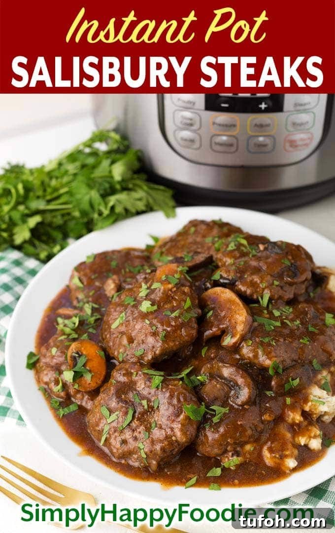 Instant Pot Salisbury Steaks on white plate as well as title and Simply Happy Foodie.com logo