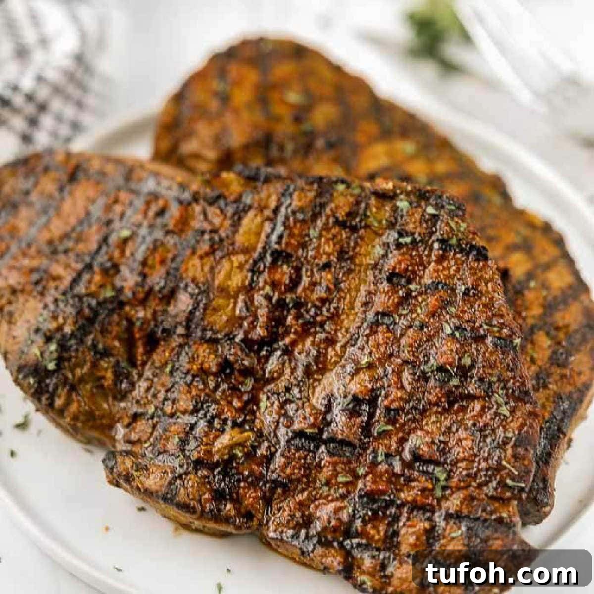 Two grilled steaks stacked on a white plate.