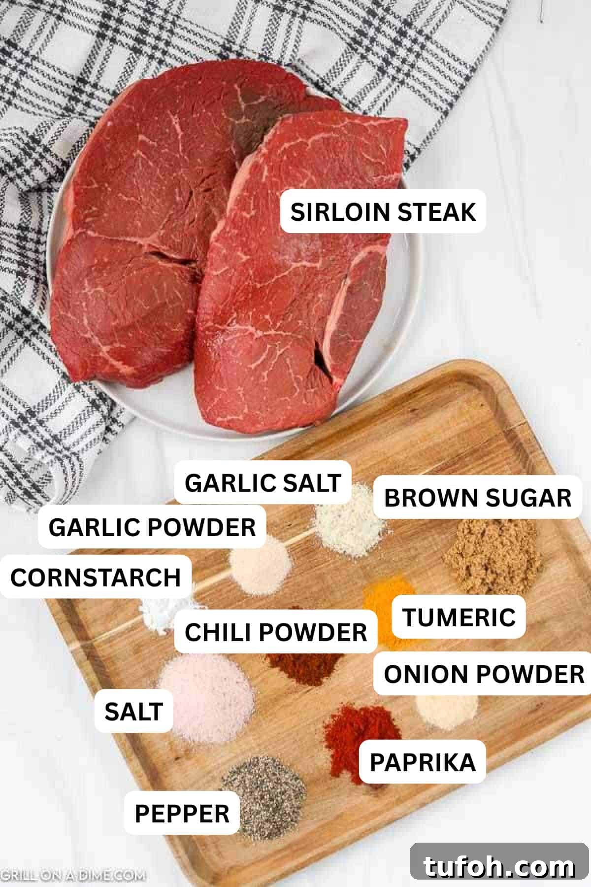 Ingredients need to make this recipe which include sirloin steaks and a wooden platter of spices.