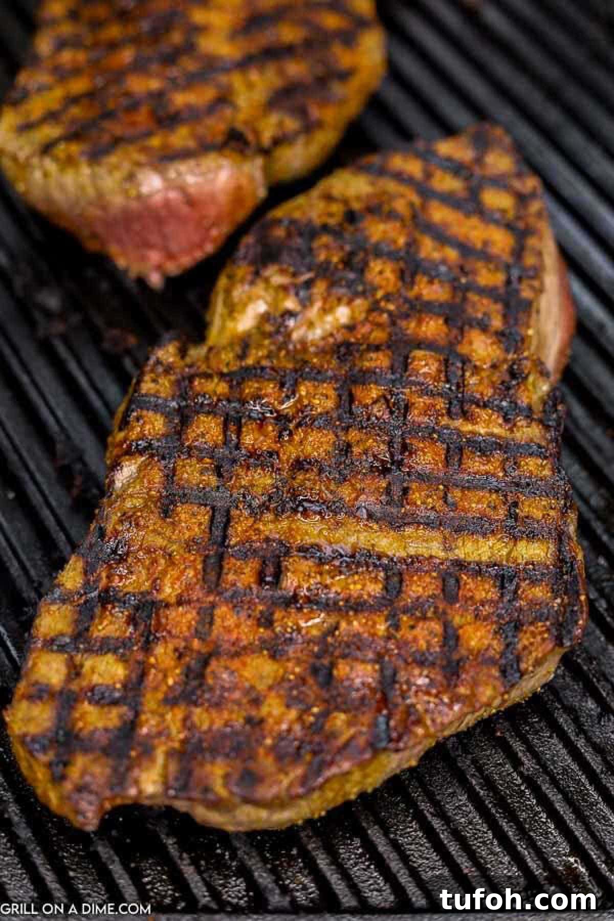 Grilled steak on grill grates.