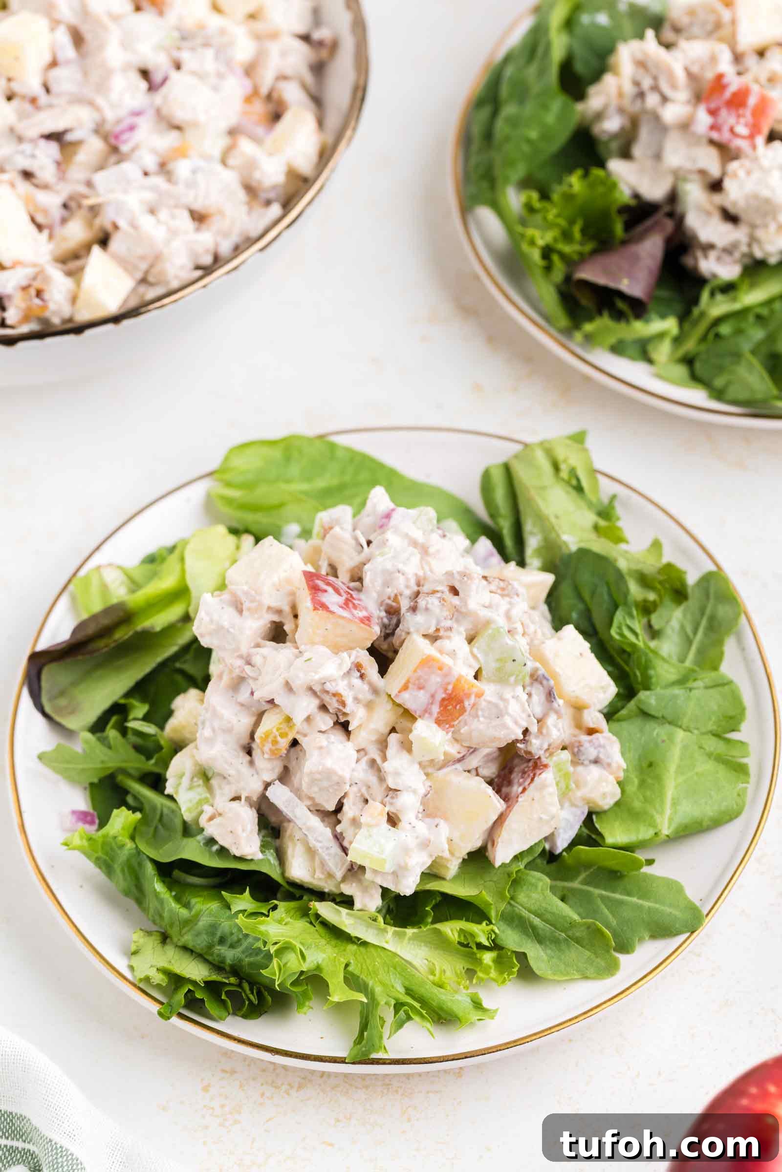 chicken apple walnut salad on a bed of lettuce