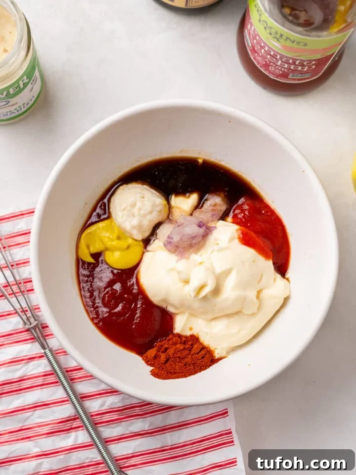 Caramelized Onion Smash Burger — Next-Level Flavor 15 special sauce ingredients in a white bowl