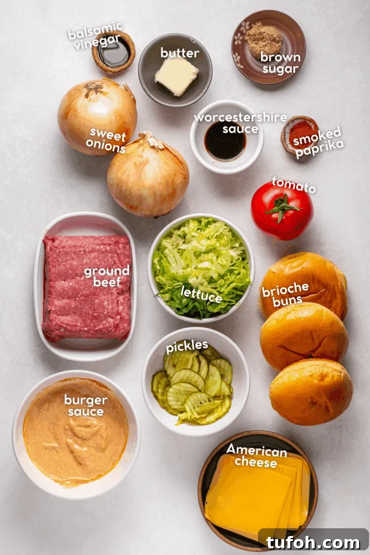 Caramelized Onion Smash Burger — Next-Level Flavor 3 picture of the ingredients needed to make caramelized onion burgers