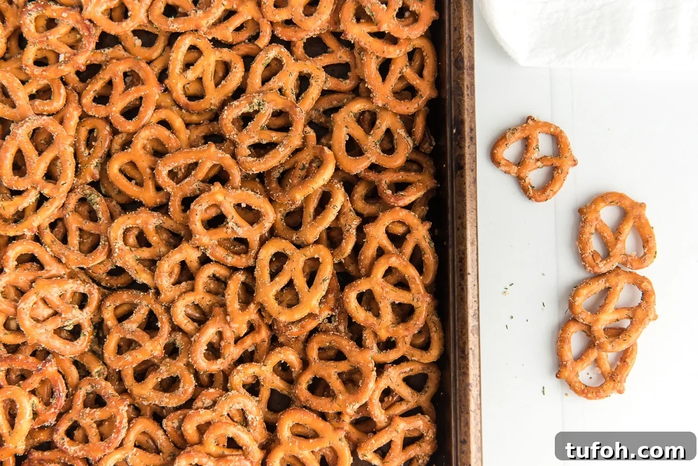Crunchy Ranch Pretzel Bites: Savory Snack Recipe 11 Sheet pan of ranch pretzels just out of the oven.