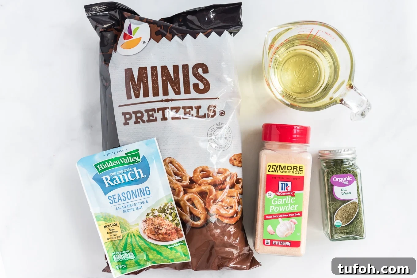 Crunchy Ranch Pretzel Bites: Savory Snack Recipe 3 An overhead shot of ingredients needed to make ranch pretzels.