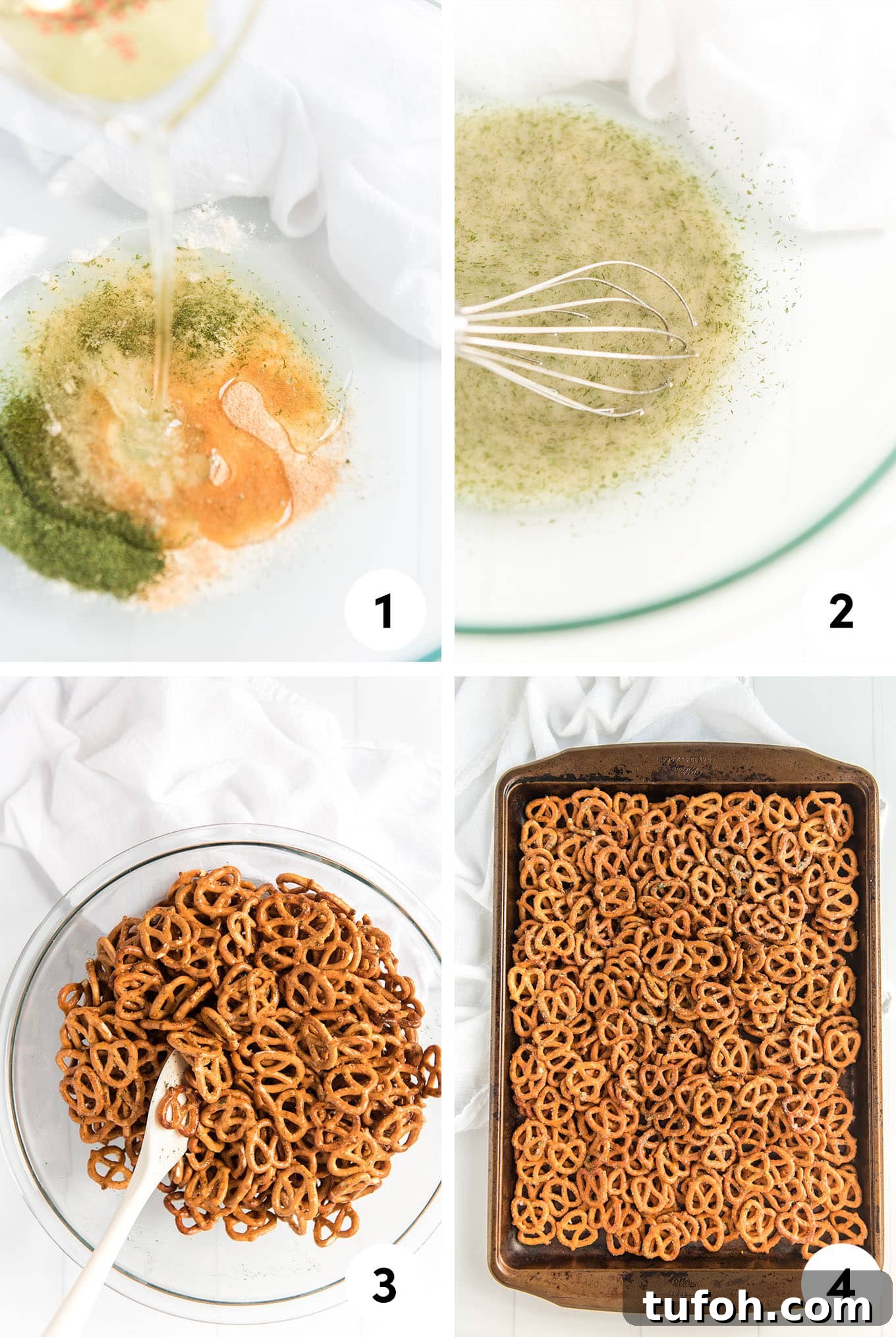 Crunchy Ranch Pretzel Bites: Savory Snack Recipe 4 Step by step process photos of making ranch pretzels. Adding the ingredients to a bowl, mixing, tossing in the pretzels and then baking on a sheet pan.