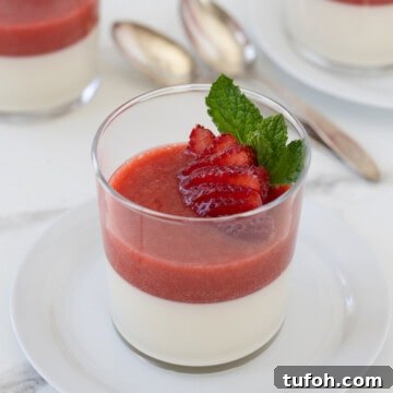 a single glass of strawberry panna cotta with berries and mint.