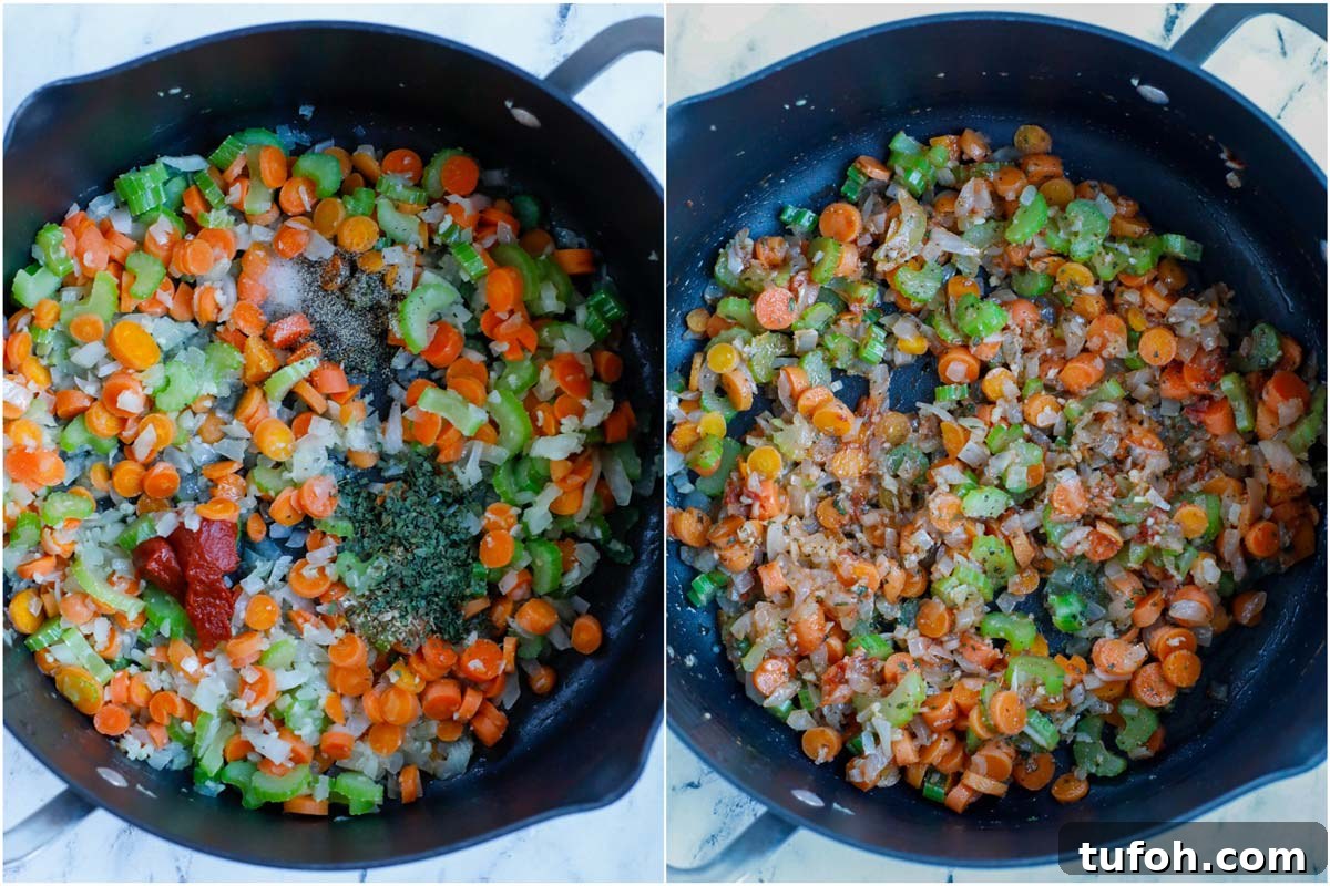 Set of two photos showing spices added to vegetables and mixed.