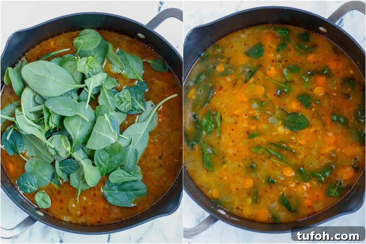 Set of two photos showing spinach being added into a soup and then stirred.